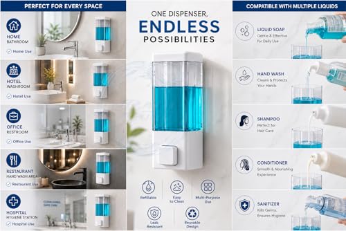 Image of BATH GURU Wall Mounted Soap Dispenser Pack of 4, 350ml, ABS Plastic Refillable Hand Wash, Shampoo, Conditioner & Sanitizer Dispenser, Manual Liquid Soap Dispenser for Bathroom, Kitchen, Clear White