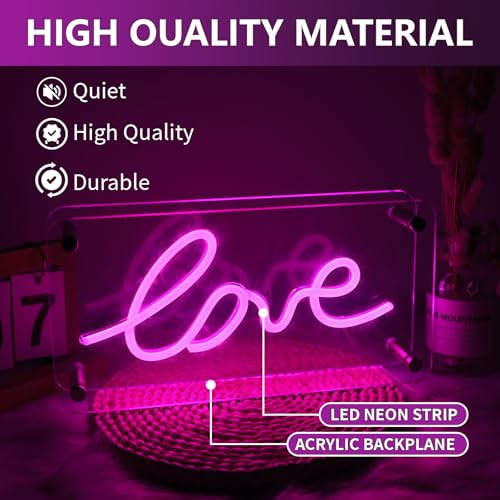 Image of ENUOLI Love Neon Sign USB Powered Neon Love Signs Dimmable LED Pink Love Signs Acrylic for Home Bedroom Bar Party Wall /Table Art Decoration Party Night Light Birthday Gift