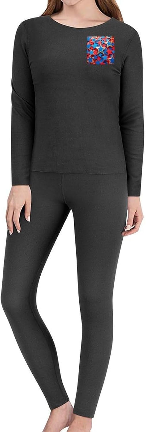 Women's American Blue Red Stars Thermal Underwear Set Soft Long Johns Base Layer Top & Bottom for Cold Weather