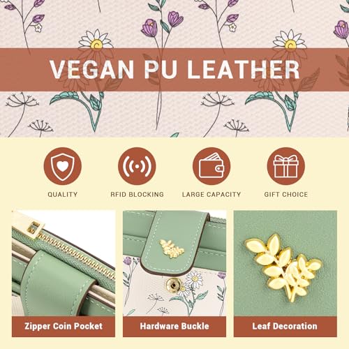 Image of YINHEXI Women's Wallet, Compact and Small Bifold PU Leather Card Holder, Mini Purse with Coin Pocket for Ladies, Girls (Floral Green)