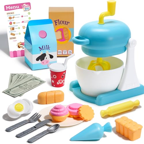 Whisk n' Bake Bakery Mixer Playset, 16 Pieces Toy Kitchen and Food Accessories with Play Money and Menu, Pretend and Play Toys for Girls Boys, Birthday Gift for Kids