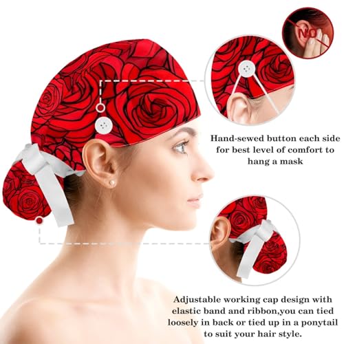 Image of Red Blooming Rose Flowers Black Working Cap with Scrunchy and Ribbon Tie for Women, Long Hair