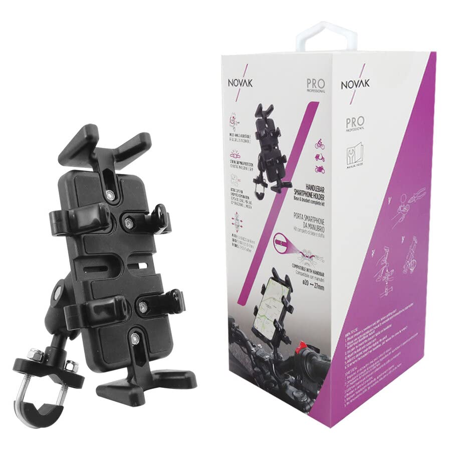 NOVAK Supporto Universale Rotante per Smartphone Super Strong per Tutte Le Moto e Scooter con manubri di Diametro compreso 20>27mm - Supporto Smartphone Auto