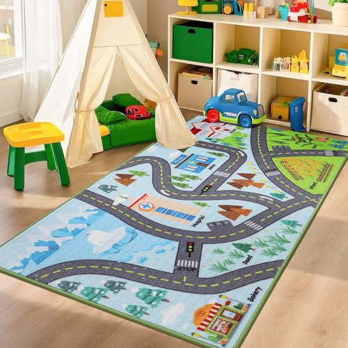 BEQHAUSE Kids Rug City Life, 32"x60" Educational Road Traffic Kids Rug 2pcs, Non Slip Washable Play Mat Carpets for Children's Bedroom Playroom Nursery Room Decor City View-Winter 32"x60"