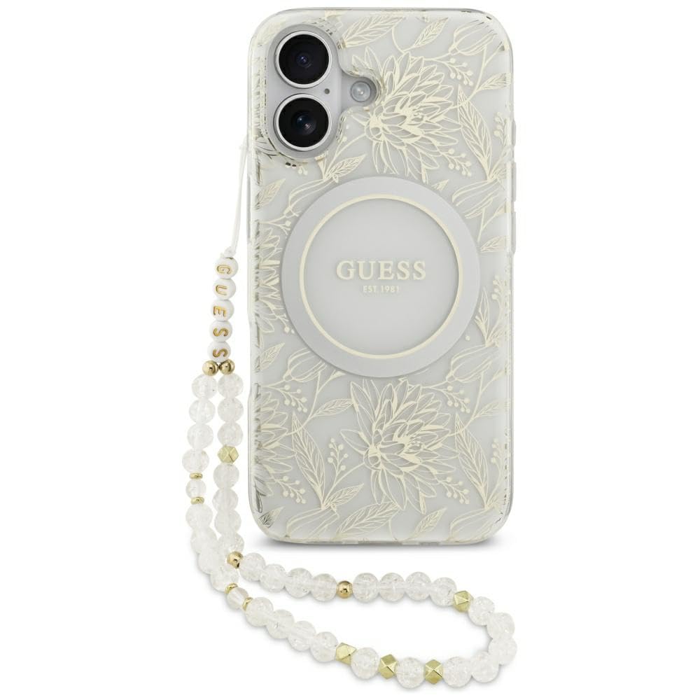 CG Mobile Guess IML Blumen Electro Pearl Armband kompatibel mit MagSafe Hülle für iPhone 17 (Weiß) | MagSafe kompatibel, für iPhone 17