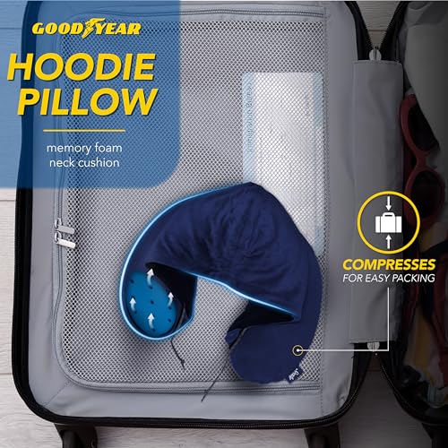 Image of Goodyear Travel Pillow with Hood - Neck Support for Comfortable Travel, Hooded Neck Pillow for Flights and Road Trips, Navy