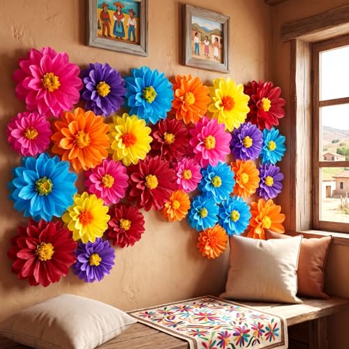 Image of Geyee 36 Pcs Mexican Paper Flowers Colorful Fiesta Tissue Paper Flowers Pom Poms Mexican Carnival for Floral Party Backdrop Wedding Birthday Party Craft (10 inch 12 inch 14 inch)