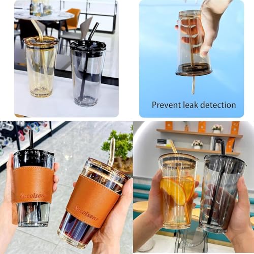 Image of 450ml Glass Iced Tea Tumbler with Lid & Straw - Multipurpose Travel Coffee Sipper Mug with Brown Leather Sleeve Grip - Reusable Drinking Glass for Milk, Smoothies, Cocktails - Pack of 1