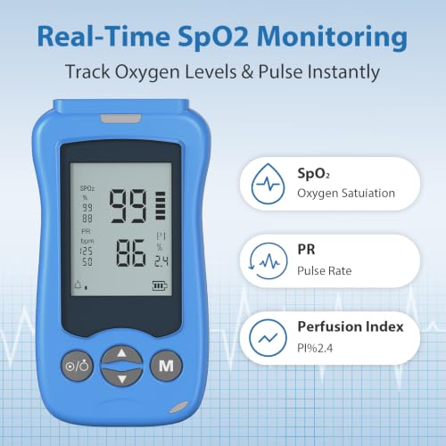 Image of Overnight Pulse Oximeter, Medical Grade Accuarcy SpO2 & Pulse Rate Continuous Pulse Oximeter Pediatric Blood Oxygen Saturation Monitor Handheld Infant with Adjustable Alarms