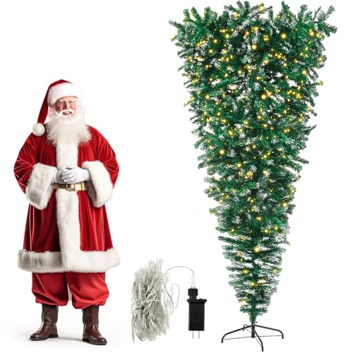 Silipull Upside Down Christmas Tree with Individual LED Lights(Not Pre-Installed) Artificial Christmas Tree with Branch Tips 8 Lighting Modes Inverted PVC Xmas Trees Decor(Green with White,7 ft)