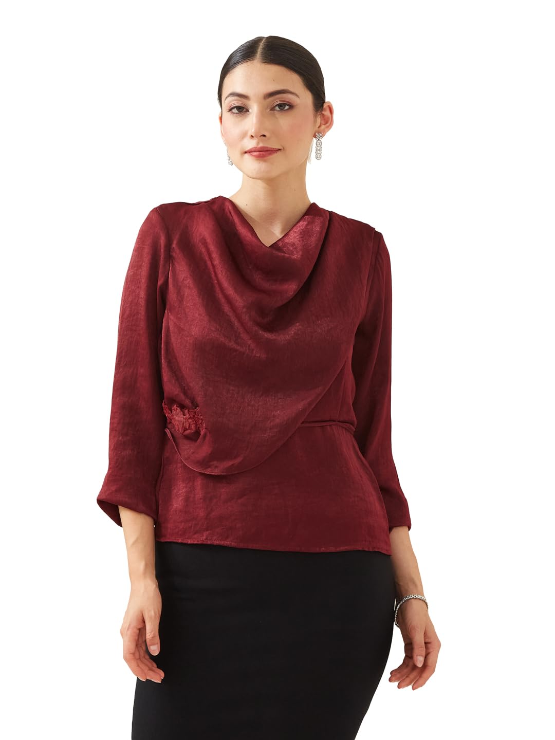 Latin Quarters Women Maroon Cowl 3/4 Sleeves Solid Party Top-picture-14
