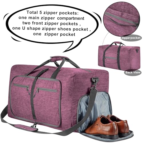 Vomgomfom 85L Reisetasche mit Schuhfach, Große Falttasche für Camping, Reisen, Fitness, Lila