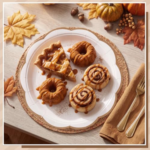 Image of 30 Pcs Brown and White Paper Plates 9 In Scalloped Fall Plates Disposable
