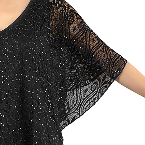 Brittany Black Women’s V-Neck 3/4 Sleeve Lace Poncho Floral Print Knit Blouse4