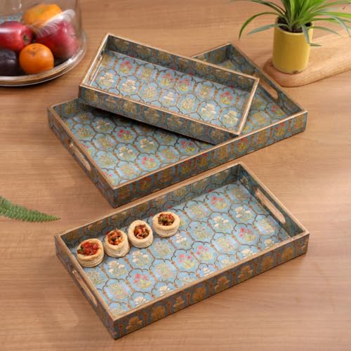 Image of Set of 3 Waterproof Wooden Trays - Traditional Jharoka and Flower Motif Design, Multipurpose Lacquer Coated MDF Serving Trays (16x10, 14x8, 12x6 Inches)(Set3NonWP- FloralJharoka)