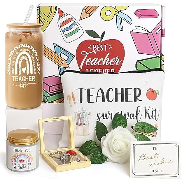 6 Pcs Teacher Appreciation Gifts Set for Women, Thank You Teachers Gift, Best Teacher Ever Gift, Back to School Gifts w/ 18 oz Coffee Glass & Candle Set