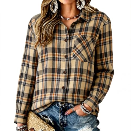 Khaki Plaid Shirts for Women Button Down Fashion Jacket with Chest Pocket - image 1