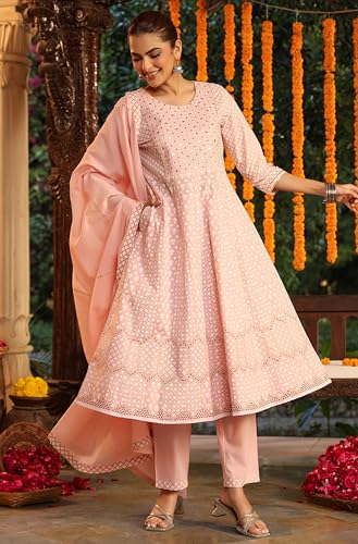 Janasya Indian Women's Cotton Pink Ethnic Print Festive Wear Kurta Set for Women3
