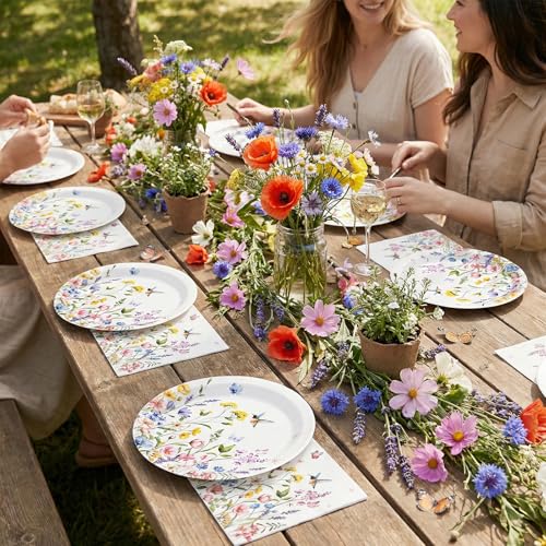 NatNarr 50 Pcs Wildflower Paper Plates and Napkins, Disposable Floral Plates and Napkins Tableware Set Wildflower Garden Party Supplies for Mothers Day Spring Tea Party Baby Shower Birthday - Thumbnail 6