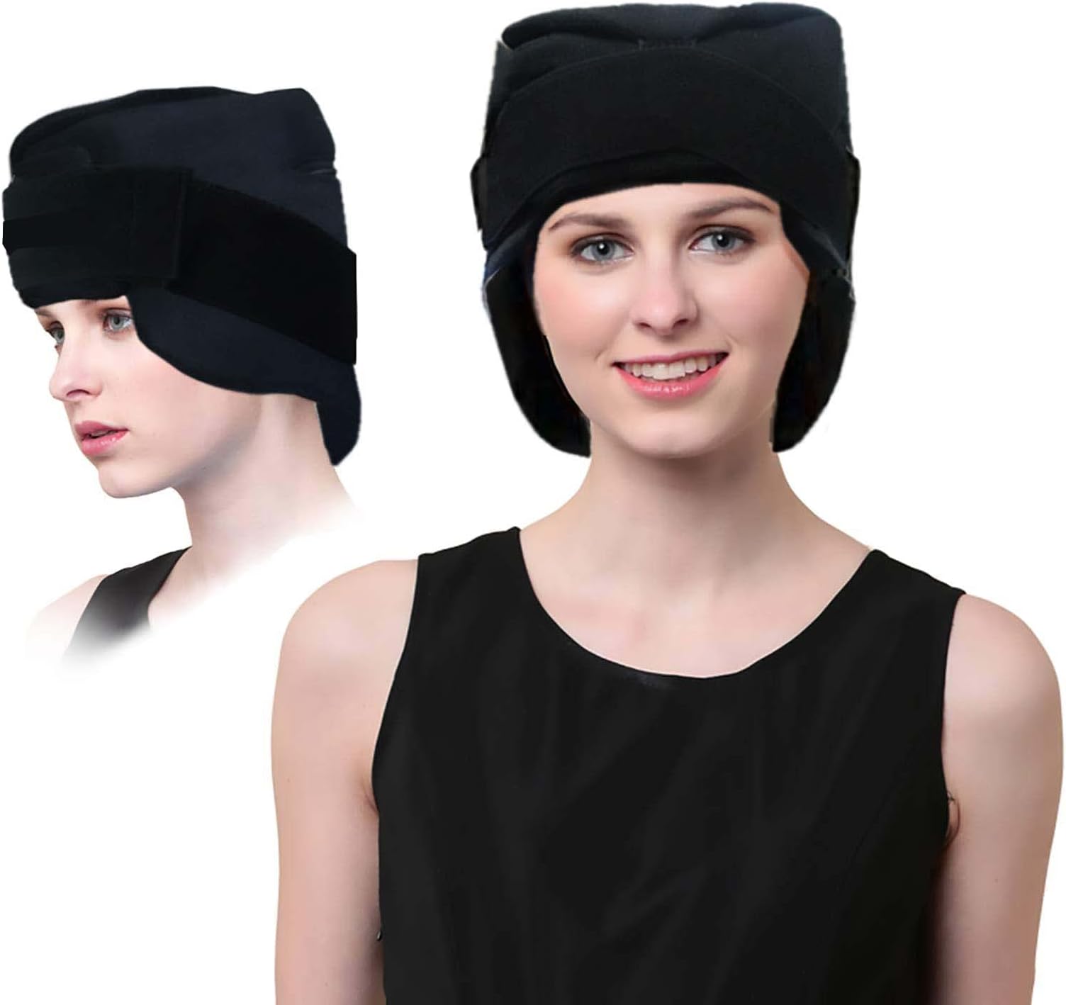 Ice Hat Headache, Migraine Ice Head Cap with Reusable Cold Hot Pack, Head and Chin, Ice Pack Therapy Comfortable Facial Hot & Cold Wrap Stretchable Gel for Stress, Pressure Pain Relief (Black)