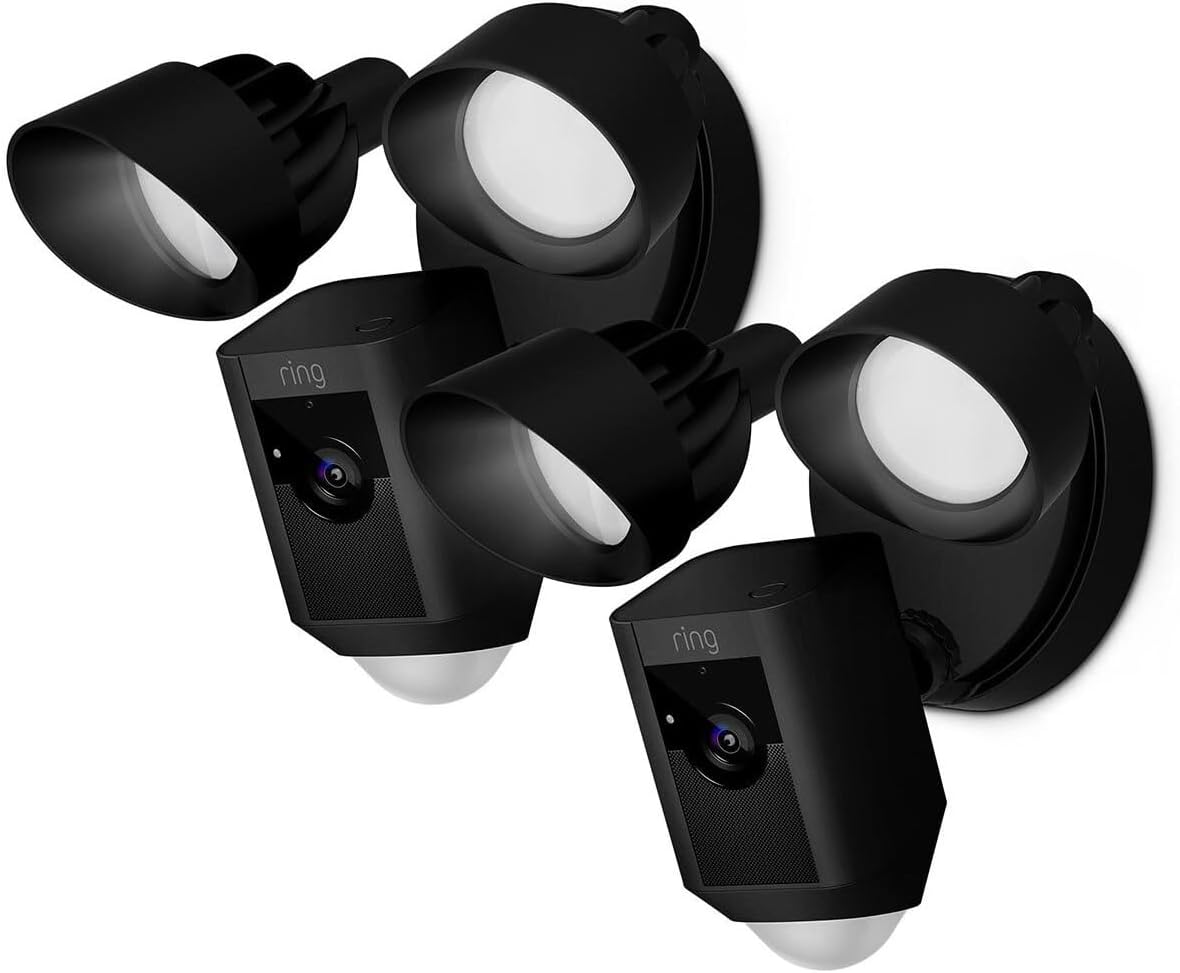 Ring Hardwired Floodlight Cam Plus in Black - 2 Pack - Wireless Outdoor Security Cameras 1080p HD with 2 ultra-bright LED floodlights, Video Two-Way Talk, Siren, 30 Days Free Trial of Ring Home