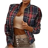 Herbst Winter Blazer Damen Stehkragen Jacke Mantel Elegant Übergangsjacke Anzug Sportlich Blazerjacke Festlich Anzugjacke Kariert Büro Sakko Lässige Strickjacke mit Reißverschluss Frauen Kleidung