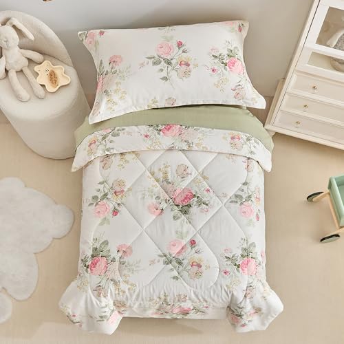 Image of DuShow 4 Pieces Cotton Toddler Bedding Set,Pink Flower Reversible Toddler Comforter Set,Floral Crib Bed Sheet Set,Kids Toddler Bedding Set for Girls