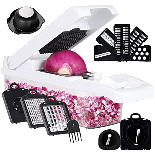 KEOUKE Affettaverdure a mandolina professionale, 16 in 1, lame intercambiabili, con contenitore, paramani e scolapiatti, affettatrice a spirale per verdure e cipolla, cetriolo, frutta