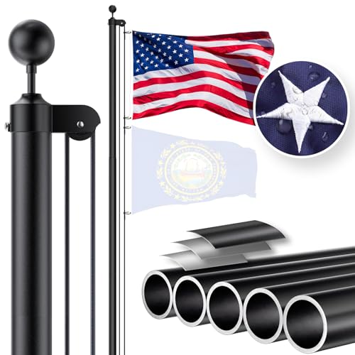 RUFLA Black Heavy Duty Flag Poles for Outside House in Ground - 25FT 12 Gauge Extra Thick Sectional Aluminum Flagpole with 5x3 Nylon Embroidered Flag, Flag Pole Kit for Yard, 110MPH Wind Tested