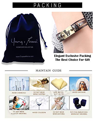 Image of Young & Forever Zodiac Sign Multi-Strand Genuine Leather Bracelet for Men & Boys - Adjustable Tribal Wristband with Antique Metal Charm