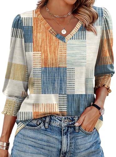 Aokosor Womens 3/4 Sleeve Tops Ladies Blouses V Neck T Shirts Puff Sleeve Tunic Curved Hem Office Wear Size 6-8 Blue Beige Plaid