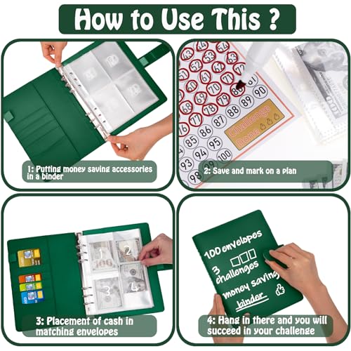 Image of Antner 100 Envelopes Money Saving Challenge Binder, Savings Challenges Book with Envelopes & 3 Challenge Trackers to Save $5,050 and $500 and $10,000, A5 Budget Binder Money Saving Book, Dark Green