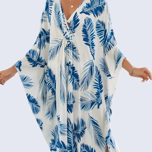 Image of Miss Lavish London Kaftan Dresses for Women Plus Size Long Batwing Sleeve Caftans, V Neck Moo Moo Printed Beach Cover Up Maxi Beach Dress, Bathing Suit Cover-Up Loungewear