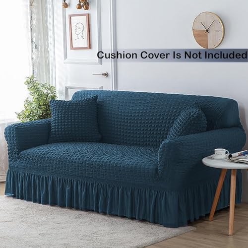 Image of Lukzer 320 GSM Stretchable 1 Seater Turkish Sofa Cover Universal Couch Protector Bubble Fabric with Frill Universal Big Elasticity Slipcover (Teal Blue /SC-103-01 /70-110cm)