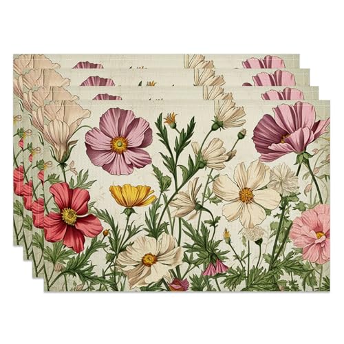 CSFOTO Vintage Flower Placemats Set of 4 Country Nature Floral Place Mats for Kitchen Restaurant Decoration Spring Outdoor Party Dinner Table Decoration Washable Linen Placemats 18