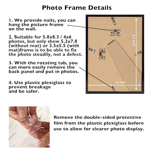 Image of JCJMY 5.8x8.3 A5 Picture Frame Black with 4x6 Mat for Wall Hanging or Tabletop, Display Photo 4x6 with Mat or 5.8 x 8.3 Without Mat, Wall Poster Photo Frame with Shatter Resistant Plexiglass, Black