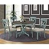 Roundhill furniture prato 5 piece round dining table set with cross back chairs antique blue and weathered walnut  urban country home decor