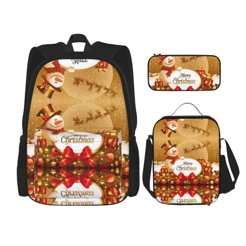 Sac à dos de Noël ensemble cartable 3 pièces avec boîte à déjeuner bonhomme de neige noir