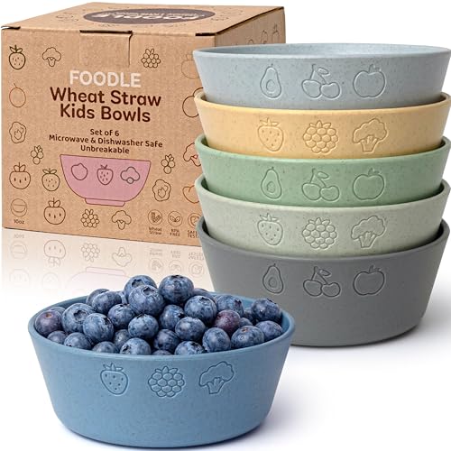 FOODLE 6pcs Wheat Straw Kids Bowls - 12oz Microwave & Dishwasher Safe Toddler Bowls - BPA Free & Non Toxic Dishes for Baby - Unbreakable and Durable Childrens Snack and Cereal Bowl