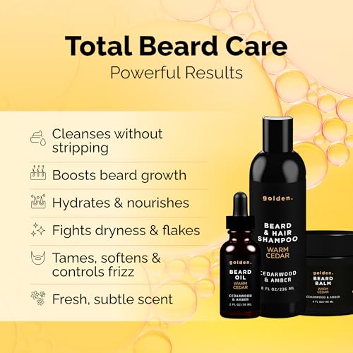 Image of Golden Grooming Beard Bundle XL (Double Size Value Kit) 8oz Shampoo, 4oz Balm, 2oz Oil - Warm Cedar