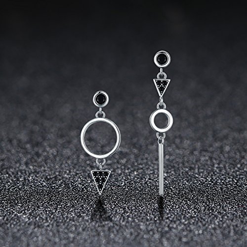 Wostu Asymmetrical Triangle Earring 925 Sterling Silver Black Geometric Circle Drop Earring With Cubic Zirconia Mismatched Hypoallergenic Dangle Earring Dainty Stud Earrings For Women Girls Jewelry Silver #TOP4