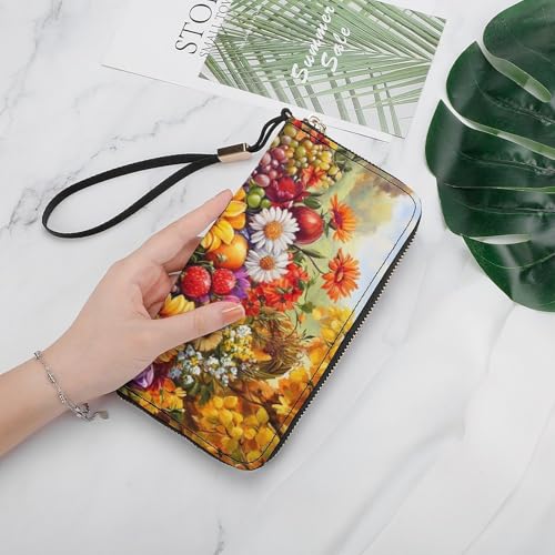 Flowers Fruits Basket Harvest PU Leather Clutch Long Bifold Wallet, Coin Purse Credit Pass Case, Durable Card-Holder Money Storage for Women Men4