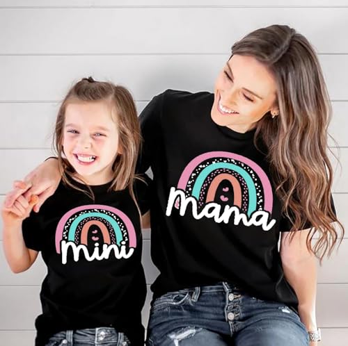 Image of Mama and Mini Rainbow Graphic Tees Mommy and Me Matching Shirts Tops Casual Short Sleeve Mother and Daughter T Shirt