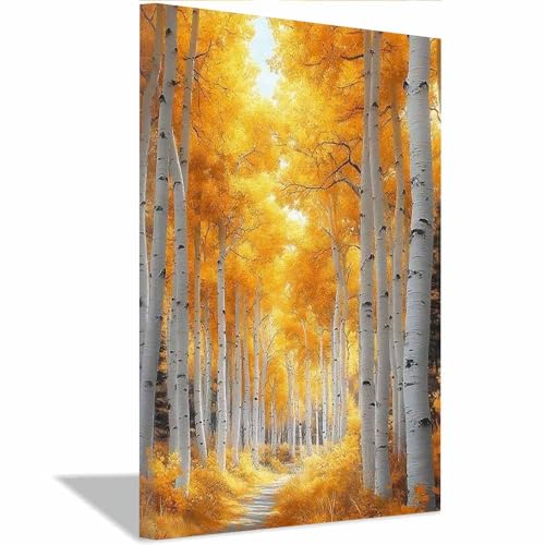 Toile sentier bouleaux jaunes TERUEA 40x60cm pour illuminer un mur sombre sans travaux