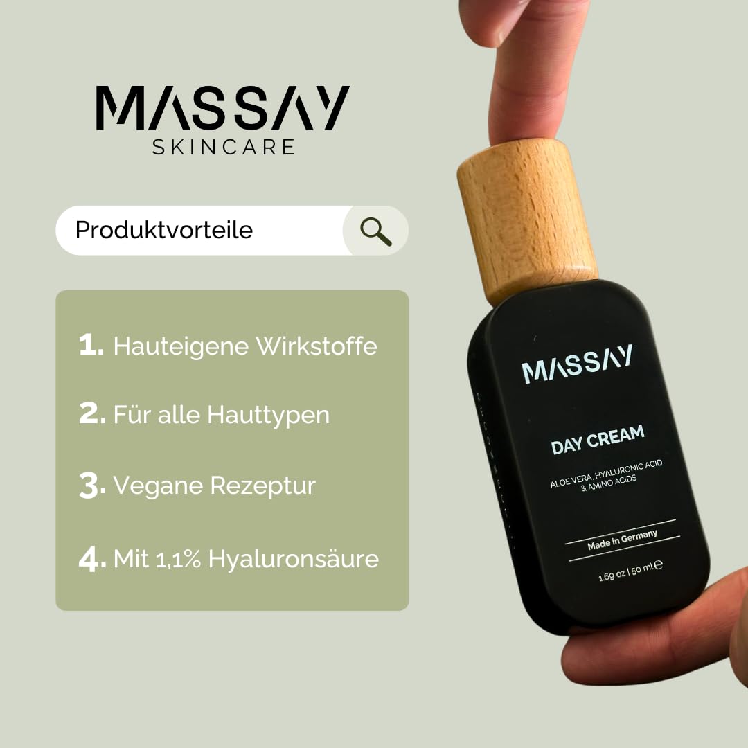 Crema viso per donne e uomini, 50 ml, crema idratante con acido ialuronico, aloe vera e aminoacidi, realizzata a mano in Germania, idratante faccia, Massay