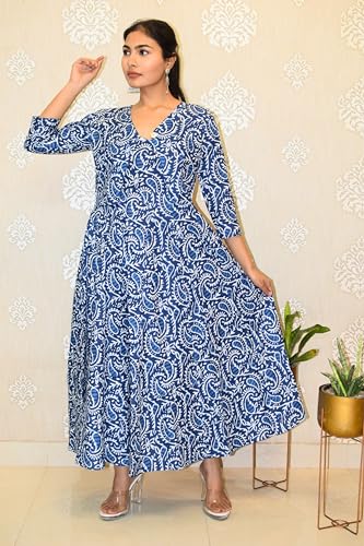 Image of JAIPUR HAND BLOCK Cotton Sleeveless Long Flared A Line Dress|Gown (S00063)
