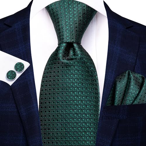 Image of Hi-Tie Mens Plaid Ties Classic Paisley Necktie with Handkerchief Cufflinks Set Business Stripe Tie,Dark Green
