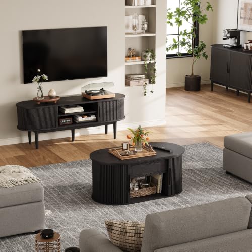 Image of LINSY Lift Top Coffee Table, Oval Fluted Coffee Table with Storage, Mid Century Modern Wooden Coffee Tables with Sliding Tambour Door, 39 inch Center Table for Living Room, Office, Small Space, Black