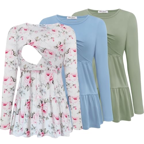 Bearsland Camisetas de lactancia para mujer, paquete de 3 camisetas de lactancia de manga larga con cuello redondo, Gris verde, azul glaciar y rosa rosa, L