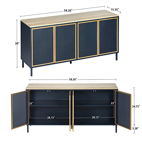 Orrd Accent Cabinet, Sideboard Buffet Cabinet Kitchen Storage Cabinet Console Televison Table With 4 Iron Rattan No Handle Pop-Up Doors And Adjustable Shelves For Living Room, Dining Room (Blue Gold) #TOP1